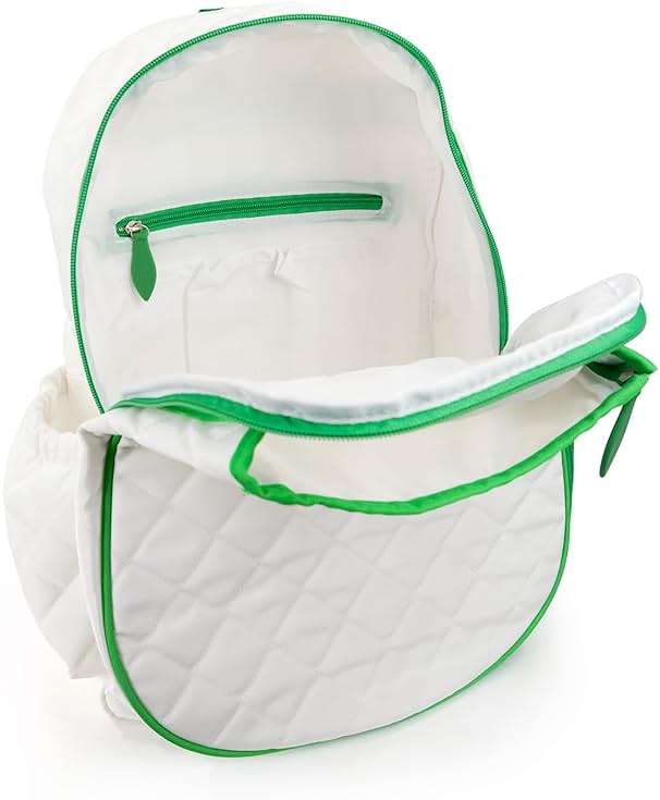 Ame & Lulu Game On Tennis Backpack - Contains Padded & Adjustable Straps - Two Exterior Water Bottle Pockets (Quilted White/Green) - Image 5