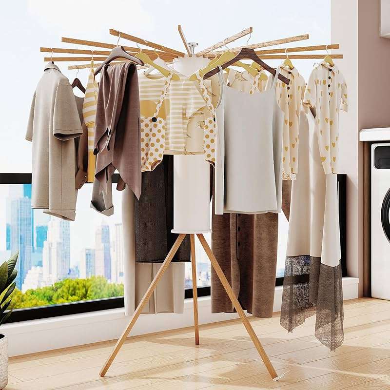 LIENAHU Clothes Drying Rack Tripod,Drying Rack Clothing,Laundry Drying Rack,Floor Standing,16 Wooden Poles,Collapsible Drying Racks for Laundry,Retractable,Foldable,Folding - Image 3