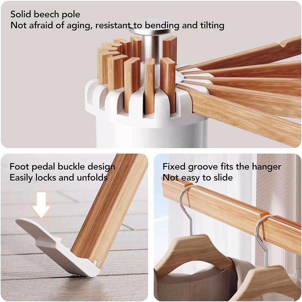LIENAHU Clothes Drying Rack Tripod,Drying Rack Clothing,Laundry Drying Rack,Floor Standing,16 Wooden Poles,Collapsible Drying Racks for Laundry,Retractable,Foldable,Folding - Image 5