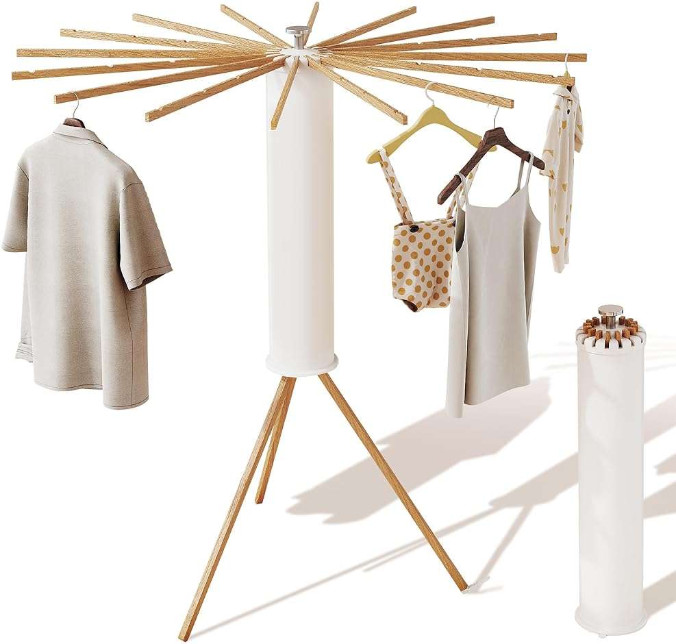 LIENAHU Clothes Drying Rack Tripod,Drying Rack Clothing,Laundry Drying Rack,Floor Standing,16 Wooden Poles,Collapsible Drying Racks for Laundry,Retractable,Foldable,Folding - Image 7