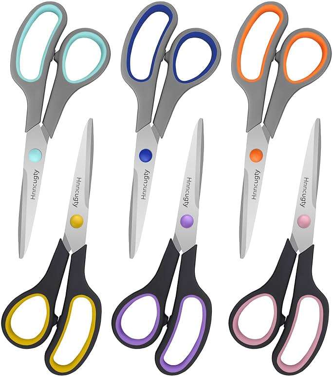 Scissors for Office School Supplies, Hnncugty 8" Scissors All Purpose Bulk Set of 6-Pack, Sharp Shears for Home Craft Sewing Fabric Middle School Student Teacher Supplies, Comfort Right/Left Handed - Image 1