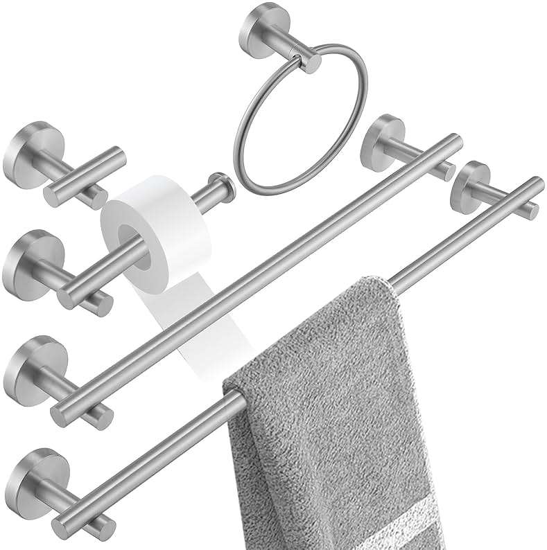 BATHLAVISH 5 Piece Bathroom Hardware Set Brushed Nickel Bath Accessories 24" Towel Bar Holder Set, Hand Towel Holder, Toilet Paper Holder, Towel Ring and Robe Hook, Stainless Steel Wall Mounted - Image 1