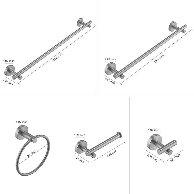 BATHLAVISH 5 Piece Bathroom Hardware Set Brushed Nickel Bath Accessories 24" Towel Bar Holder Set, Hand Towel Holder, Toilet Paper Holder, Towel Ring and Robe Hook, Stainless Steel Wall Mounted - Image 2