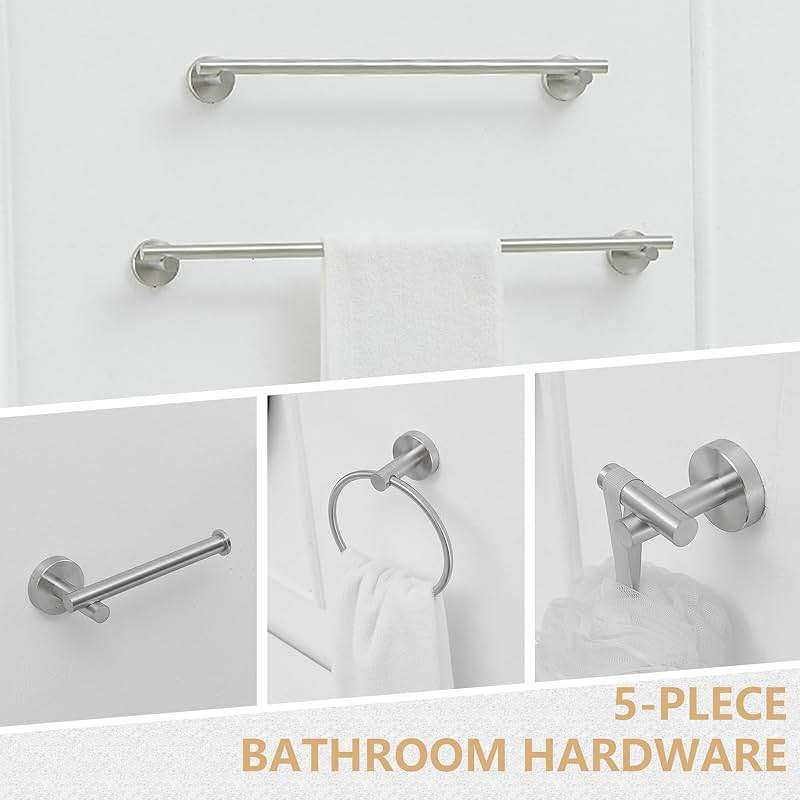 BATHLAVISH 5 Piece Bathroom Hardware Set Brushed Nickel Bath Accessories 24" Towel Bar Holder Set, Hand Towel Holder, Toilet Paper Holder, Towel Ring and Robe Hook, Stainless Steel Wall Mounted - Image 3