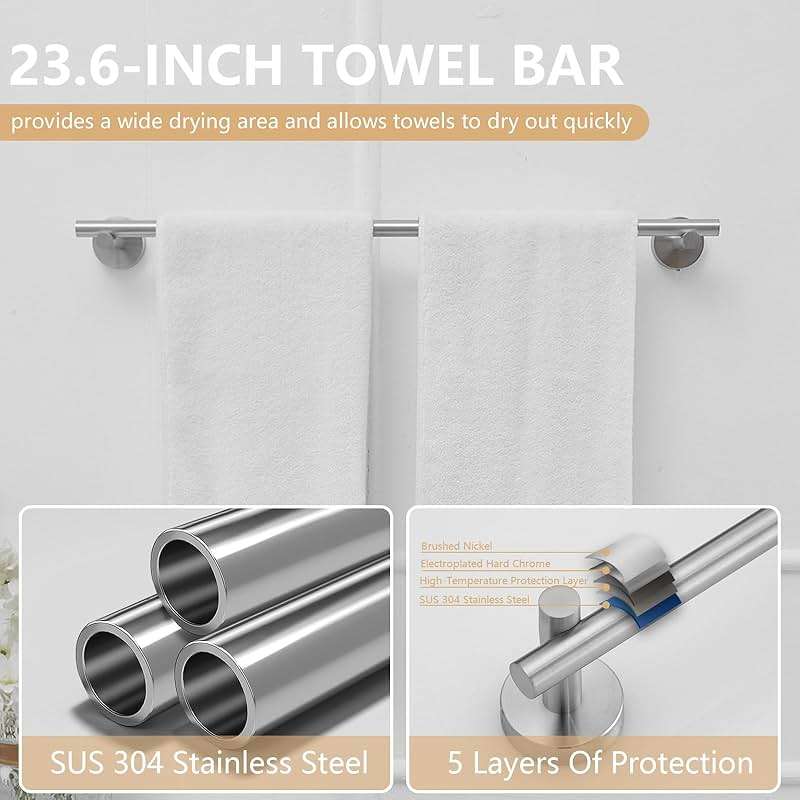 BATHLAVISH 5 Piece Bathroom Hardware Set Brushed Nickel Bath Accessories 24" Towel Bar Holder Set, Hand Towel Holder, Toilet Paper Holder, Towel Ring and Robe Hook, Stainless Steel Wall Mounted - Image 4
