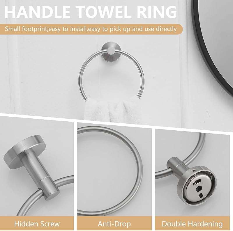 BATHLAVISH 5 Piece Bathroom Hardware Set Brushed Nickel Bath Accessories 24" Towel Bar Holder Set, Hand Towel Holder, Toilet Paper Holder, Towel Ring and Robe Hook, Stainless Steel Wall Mounted - Image 5