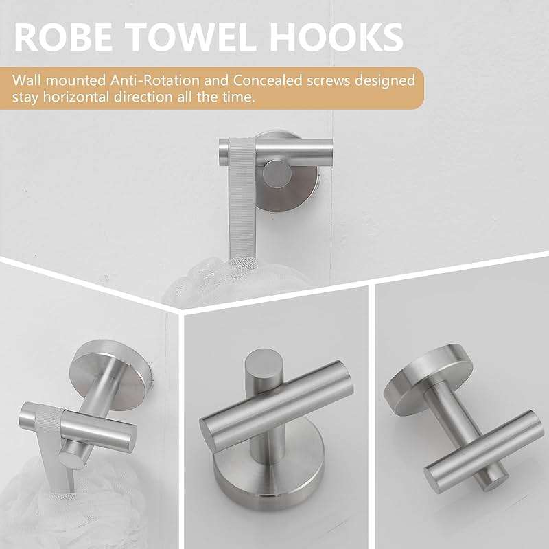 BATHLAVISH 5 Piece Bathroom Hardware Set Brushed Nickel Bath Accessories 24" Towel Bar Holder Set, Hand Towel Holder, Toilet Paper Holder, Towel Ring and Robe Hook, Stainless Steel Wall Mounted - Image 7