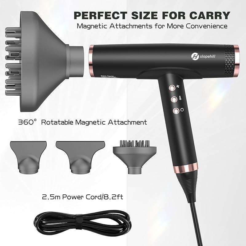 slopehill Professional Ionic Hair Dryer with Diffuser - Lightweight, Compact, Powerful & Fast Salon Blow Dryer with High Speed Brushless Motor for Travel, Women & Men Ceramic, Black - Image 5