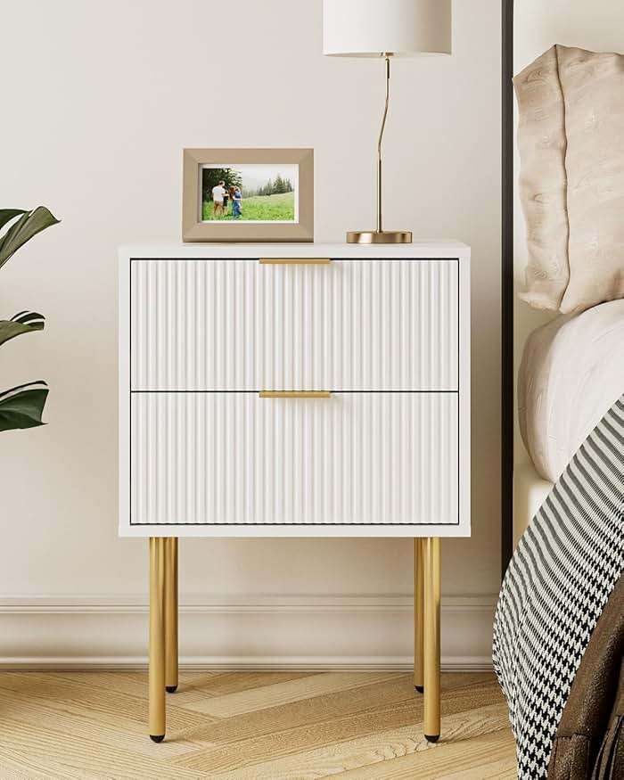 Aienvey Night Stand, Modern Nightstand with Drawers, Bedside Table, Gold Small Side Table for Bedroom, Living Room End Table (White Stripe, 2 Drawers) - Image 1