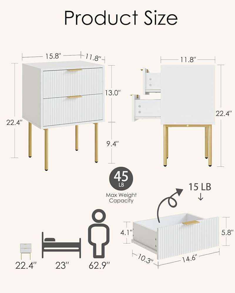 Aienvey Night Stand, Modern Nightstand with Drawers, Bedside Table, Gold Small Side Table for Bedroom, Living Room End Table (White Stripe, 2 Drawers) - Image 2