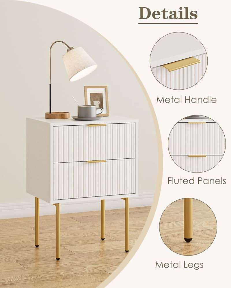 Aienvey Night Stand, Modern Nightstand with Drawers, Bedside Table, Gold Small Side Table for Bedroom, Living Room End Table (White Stripe, 2 Drawers) - Image 4