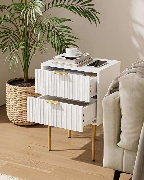 Aienvey Night Stand, Modern Nightstand with Drawers, Bedside Table, Gold Small Side Table for Bedroom, Living Room End Table (White Stripe, 2 Drawers) - Image 5
