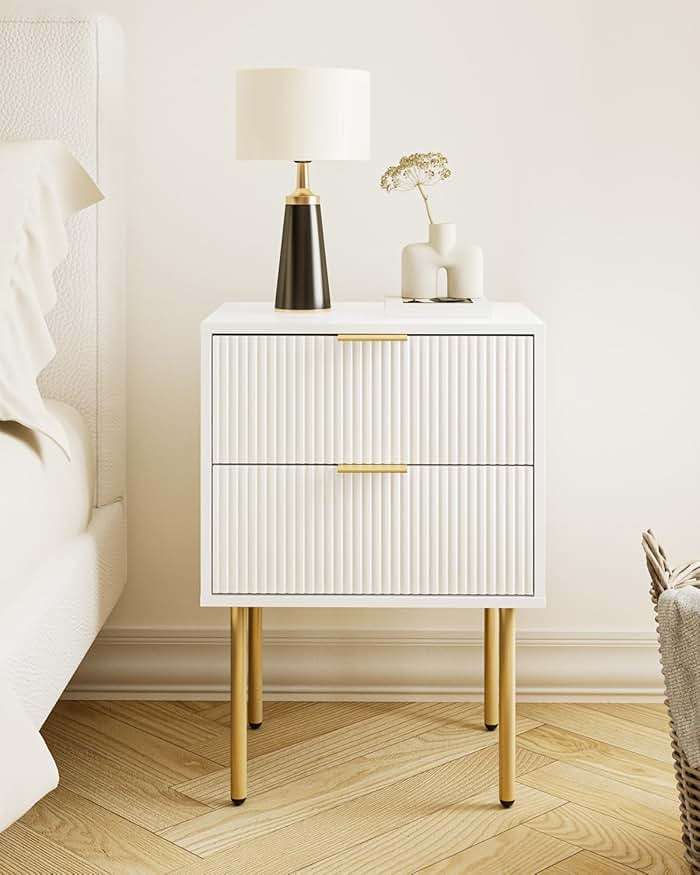 Aienvey Night Stand, Modern Nightstand with Drawers, Bedside Table, Gold Small Side Table for Bedroom, Living Room End Table (White Stripe, 2 Drawers) - Image 6