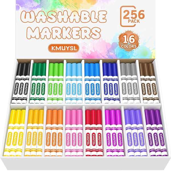 KMUYSL Washable Markers Bulk, Assorted Colors - Broad Line Conical Tip Coloring Markers for Kids, School Art Supplies & Back to School Supplies, Teacher Classroom Must Haves (16 Colors, 256 Pcs) - Image 1