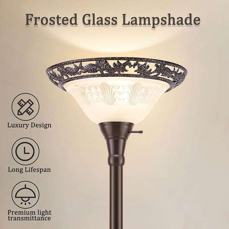 Luvkczc Torchiere Floor Lamp for Living Room - 70" Victorian Floor Lamp with with Etched Glass Shade, Vintage Standing Corner Tall Reading Light for Bedroom Office - Image 2