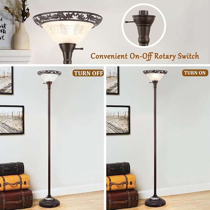 Luvkczc Torchiere Floor Lamp for Living Room - 70" Victorian Floor Lamp with with Etched Glass Shade, Vintage Standing Corner Tall Reading Light for Bedroom Office - Image 3