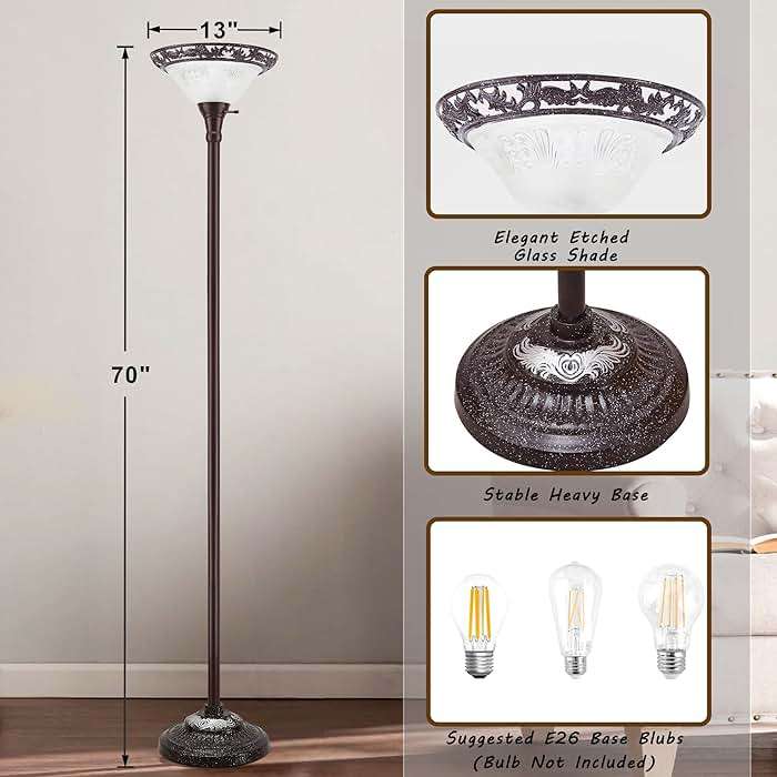 Luvkczc Torchiere Floor Lamp for Living Room - 70" Victorian Floor Lamp with with Etched Glass Shade, Vintage Standing Corner Tall Reading Light for Bedroom Office - Image 5