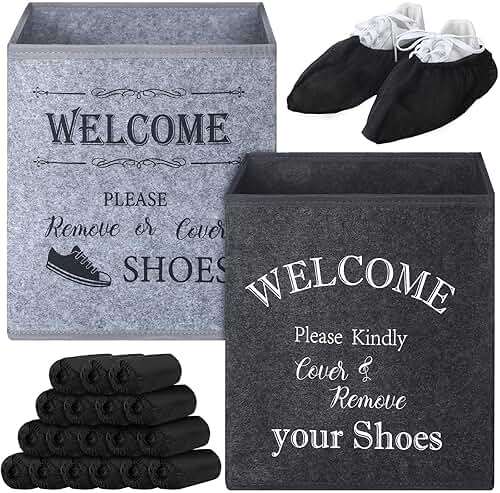 2 Shoe Cover Box Dispenser with 200 Pcs Disposable Shoe Covers, Please Cover or Remove Your Shoes and Used Covers, Indoor Foldable Storage Bin for Open House Supplies Real Estate Agent Supplies(Black) - Image 1