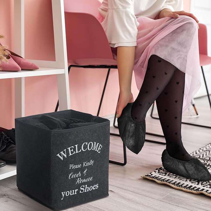 2 Shoe Cover Box Dispenser with 200 Pcs Disposable Shoe Covers, Please Cover or Remove Your Shoes and Used Covers, Indoor Foldable Storage Bin for Open House Supplies Real Estate Agent Supplies(Black) - Image 5