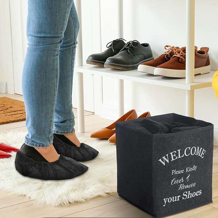 2 Shoe Cover Box Dispenser with 200 Pcs Disposable Shoe Covers, Please Cover or Remove Your Shoes and Used Covers, Indoor Foldable Storage Bin for Open House Supplies Real Estate Agent Supplies(Black) - Image 6