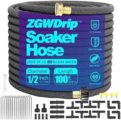 ZGWDrip Soaker Hose 100 FT,1/2 Inch Soaker Garden Hose with 3/4" Solid Brass Connectors - Image 1