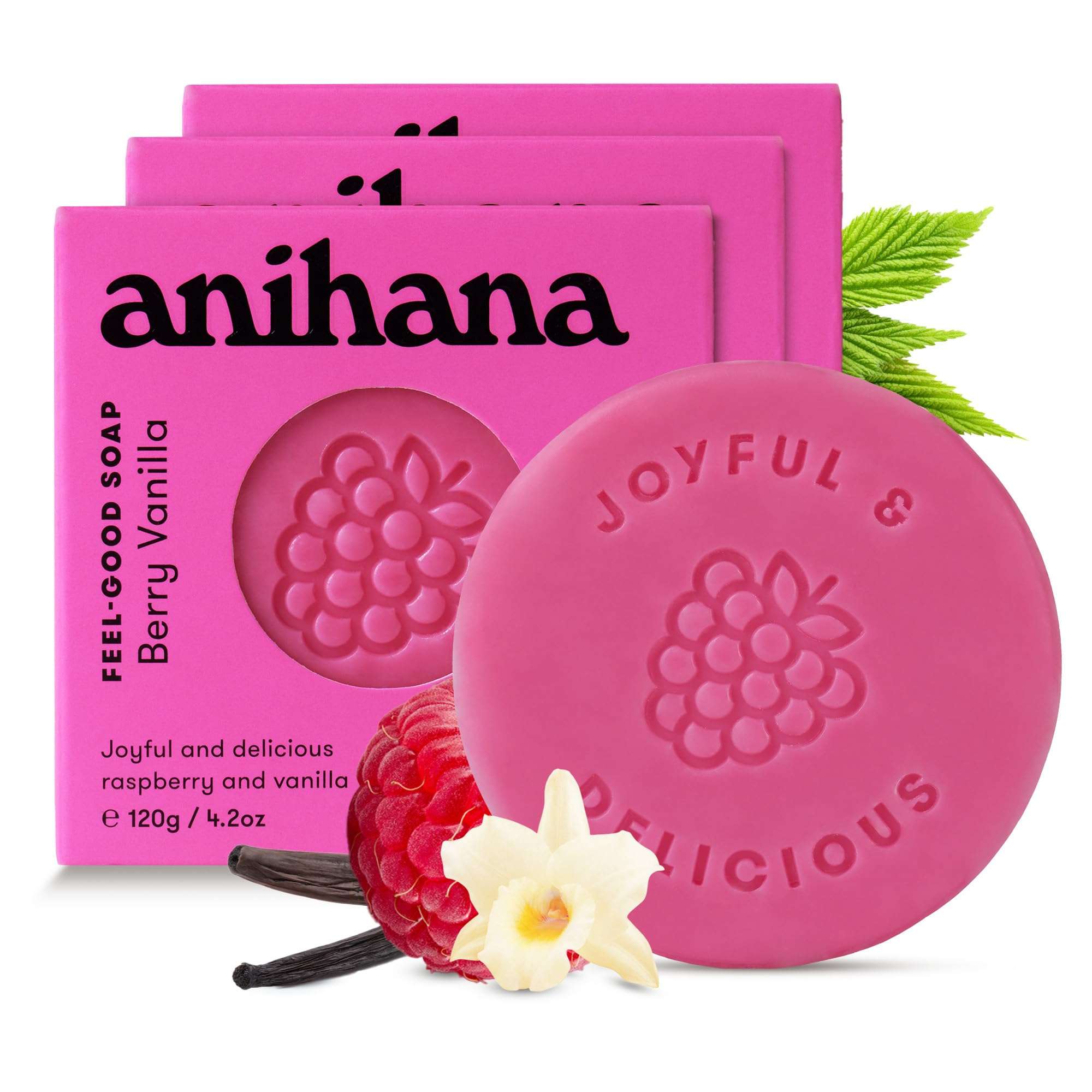 ANIHANA Feel-Good Soap 3 Pack with Coconut Oil and Shea Butter, Gentle Cleansing, Paraben Free, Cruelty Free, Refreshing Berry Vanilla Scent, 4.2 oz each - Image 1