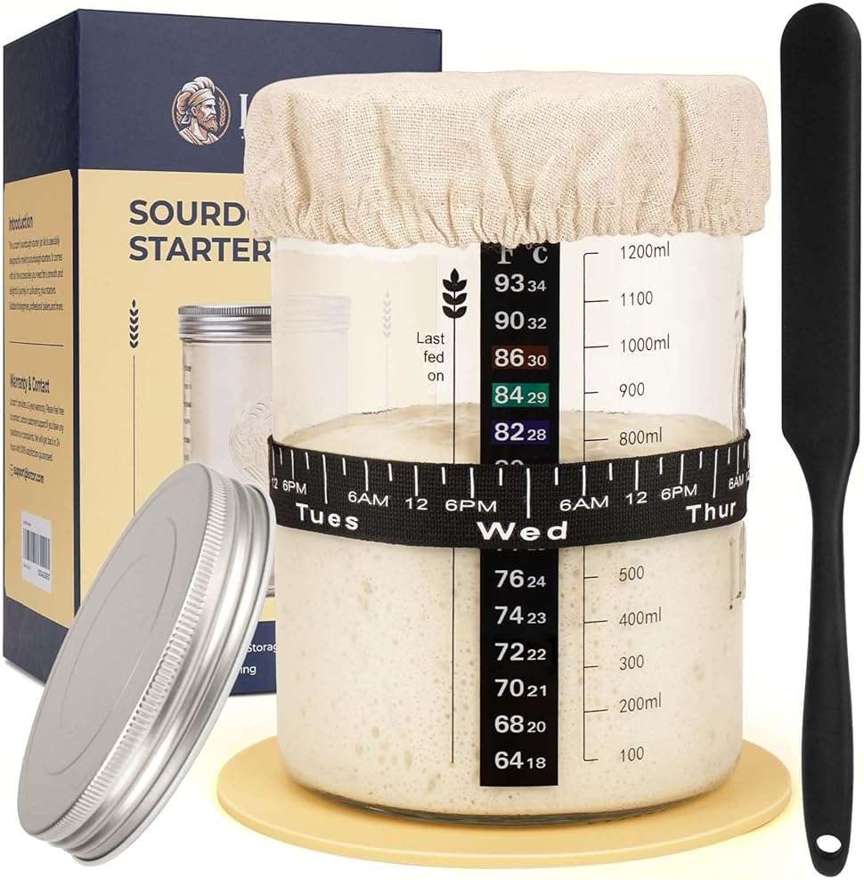 Lorzon Sourdough Starter Jar Kit - 47 oz Large Wide Mouth Bread Starter Jar with Feeding Tracking Band, Silicone Spatula, Sourdough Bread Baking Supplies - Image 1