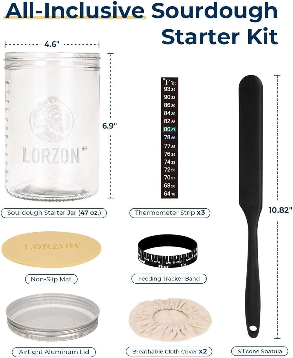 Lorzon Sourdough Starter Jar Kit - 47 oz Large Wide Mouth Bread Starter Jar with Feeding Tracking Band, Silicone Spatula, Sourdough Bread Baking Supplies - Image 3