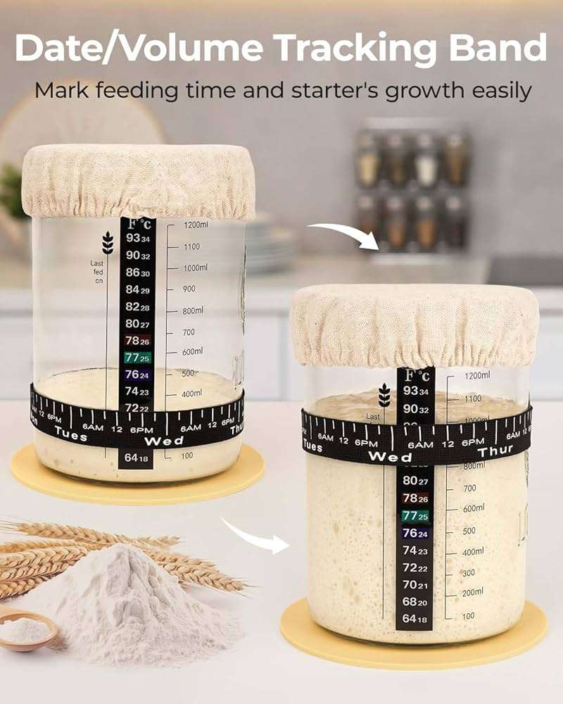 Lorzon Sourdough Starter Jar Kit - 47 oz Large Wide Mouth Bread Starter Jar with Feeding Tracking Band, Silicone Spatula, Sourdough Bread Baking Supplies - Image 6