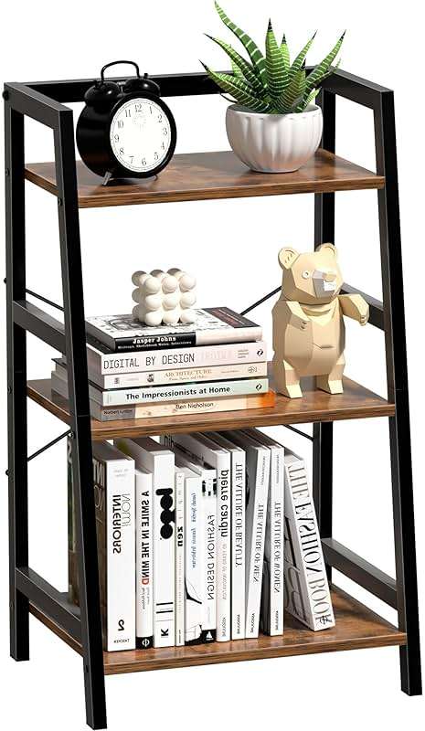Lifenite 3-Tier Bookshelf, Ladder Shelf for Small Spaces, Industrial Short Bookshelf, Small Bookcase for Living Room, Bedroom, Home Office, Kitchen, 11.8 "D x 16.5" W x 31.3 "H, Rustic Brown - Image 1