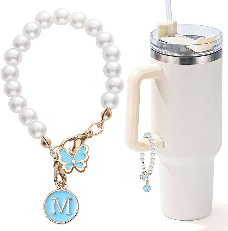 LUHOHI Accessories for Stanley Cup Pearl Chain Initial Accessoriess for Handle Stuff Decor Water Bottle Jewelry Tumbler Cute Simple Modern Personalized Name ID Decorations Letter Blue Tag M - Image 1