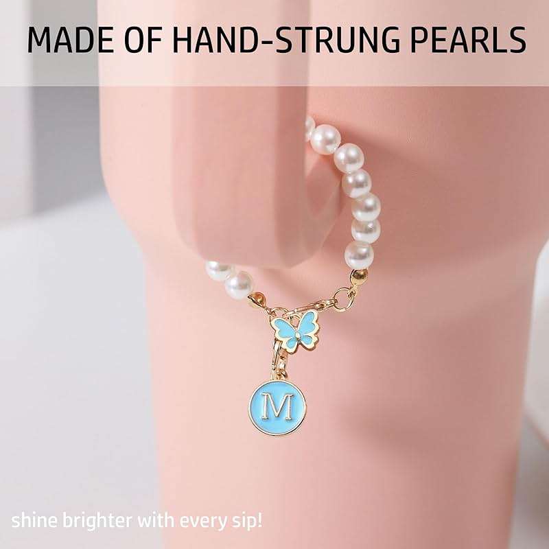 LUHOHI Accessories for Stanley Cup Pearl Chain Initial Accessoriess for Handle Stuff Decor Water Bottle Jewelry Tumbler Cute Simple Modern Personalized Name ID Decorations Letter Blue Tag M - Image 2
