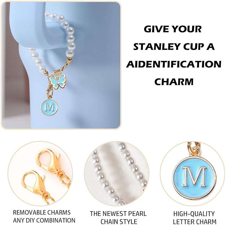 LUHOHI Accessories for Stanley Cup Pearl Chain Initial Accessoriess for Handle Stuff Decor Water Bottle Jewelry Tumbler Cute Simple Modern Personalized Name ID Decorations Letter Blue Tag M - Image 3