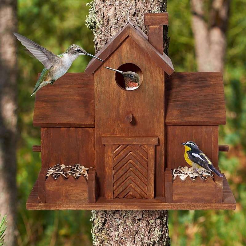 MIXUMON Bird Houses for Outside with Bird Feeder, Outdoor 3 Hole Bird House Room for 3 Bird Families Bluebird Finch Cardinals Hanging Birdhouse for Garden (Style 12) - Image 3