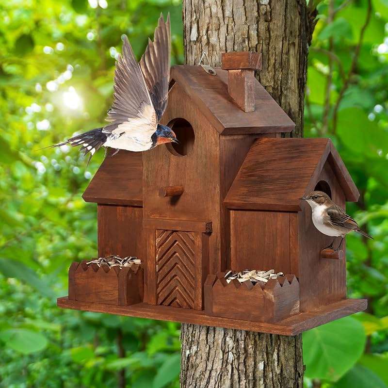MIXUMON Bird Houses for Outside with Bird Feeder, Outdoor 3 Hole Bird House Room for 3 Bird Families Bluebird Finch Cardinals Hanging Birdhouse for Garden (Style 12) - Image 5