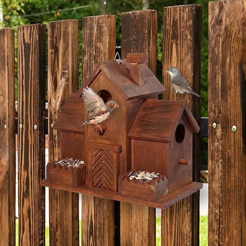 MIXUMON Bird Houses for Outside with Bird Feeder, Outdoor 3 Hole Bird House Room for 3 Bird Families Bluebird Finch Cardinals Hanging Birdhouse for Garden (Style 12) - Image 7