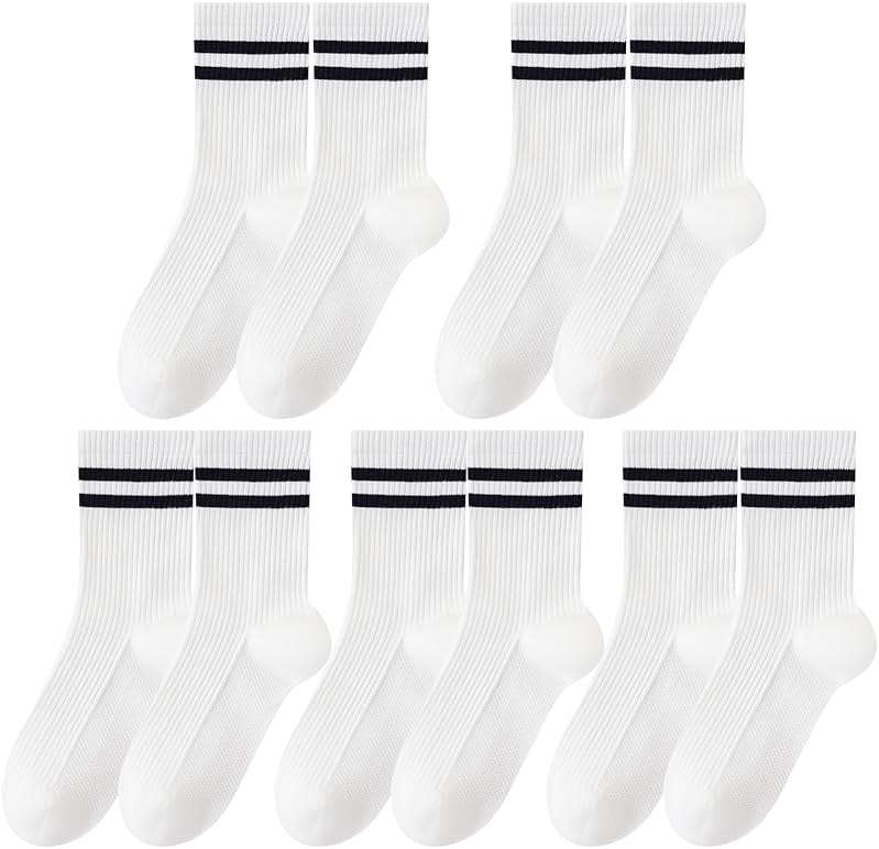 SailingTailor 5 Pairs Solid Color Two Stripe Crew Socks Casual Athletic Socks for women Girls - Image 1