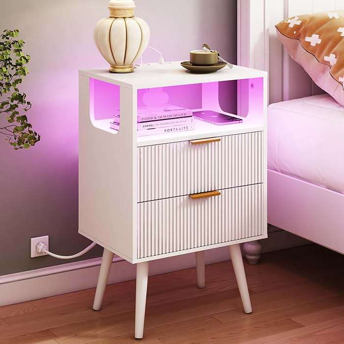 JOONEE White Nightstand with Charging Station and LED Lights,Modern Bedside Table with 2 Storage Drawer and Open Wood Shelf, for Bedroom and Small Spaces,Night Stand with Solid Wood Legs,White - Image 1