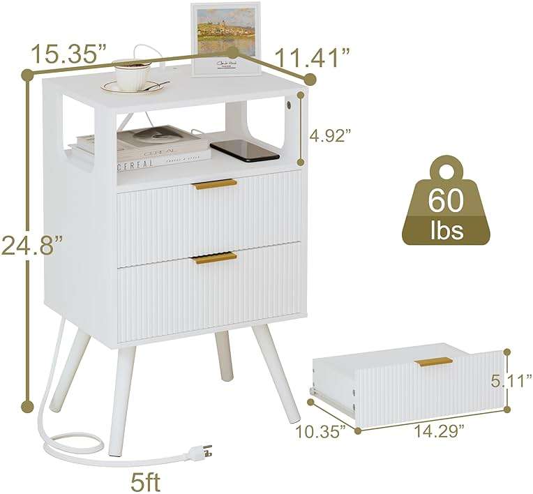 JOONEE White Nightstand with Charging Station and LED Lights,Modern Bedside Table with 2 Storage Drawer and Open Wood Shelf, for Bedroom and Small Spaces,Night Stand with Solid Wood Legs,White - Image 2