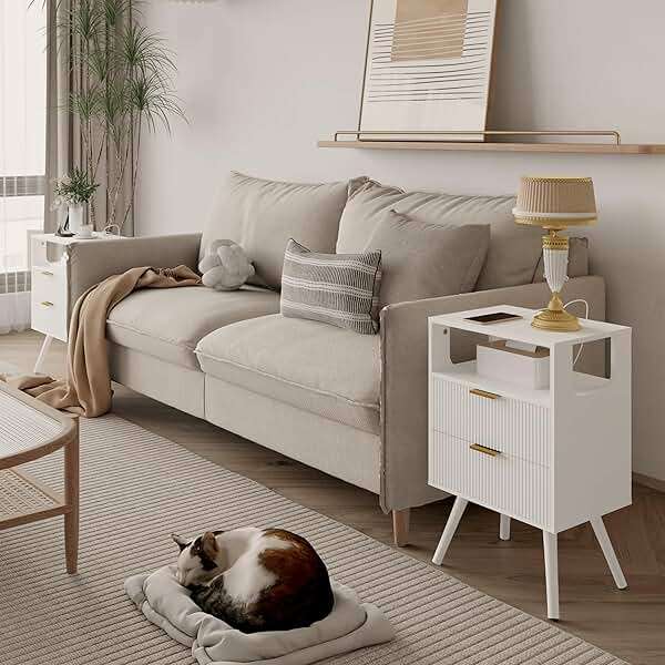 JOONEE White Nightstand with Charging Station and LED Lights,Modern Bedside Table with 2 Storage Drawer and Open Wood Shelf, for Bedroom and Small Spaces,Night Stand with Solid Wood Legs,White - Image 3