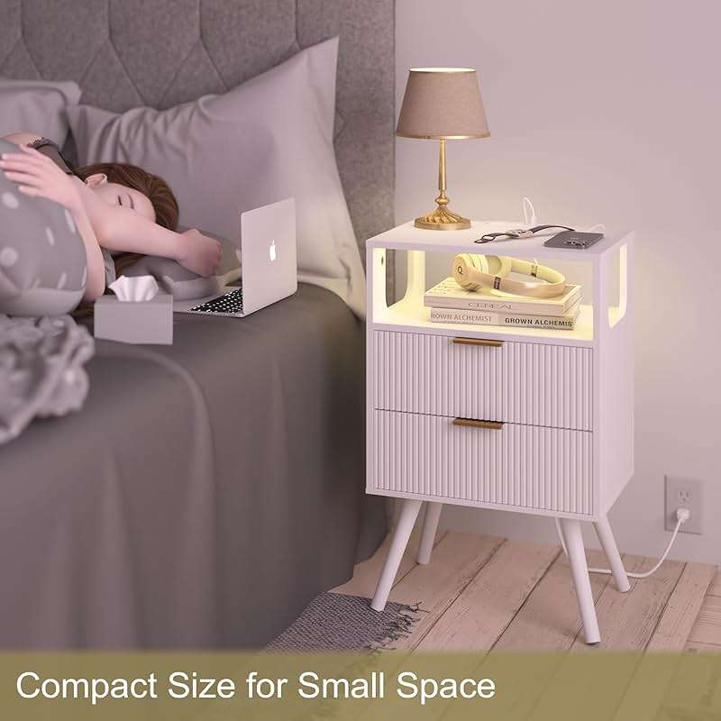 JOONEE White Nightstand with Charging Station and LED Lights,Modern Bedside Table with 2 Storage Drawer and Open Wood Shelf, for Bedroom and Small Spaces,Night Stand with Solid Wood Legs,White - Image 4