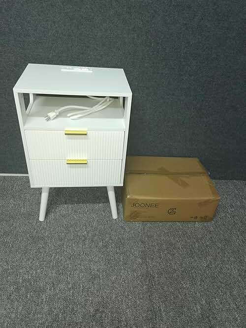 JOONEE White Nightstand with Charging Station and LED Lights,Modern Bedside Table with 2 Storage Drawer and Open Wood Shelf, for Bedroom and Small Spaces,Night Stand with Solid Wood Legs,White - Image 7