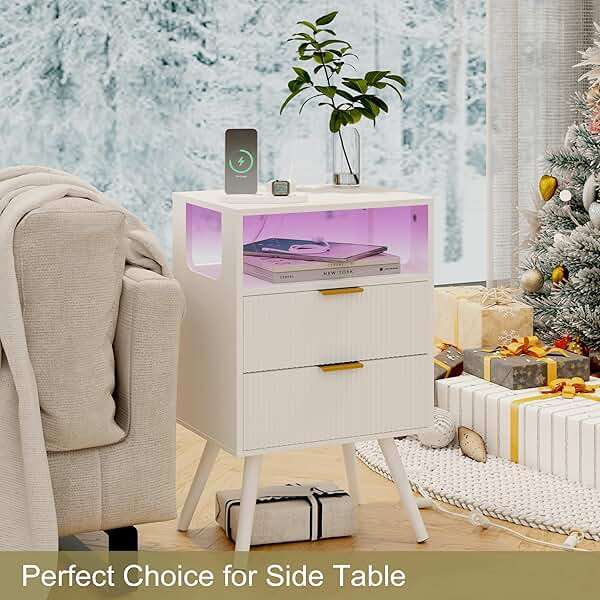 JOONEE White Nightstand with Charging Station and LED Lights,Modern Bedside Table with 2 Storage Drawer and Open Wood Shelf, for Bedroom and Small Spaces,Night Stand with Solid Wood Legs,White - Image 8