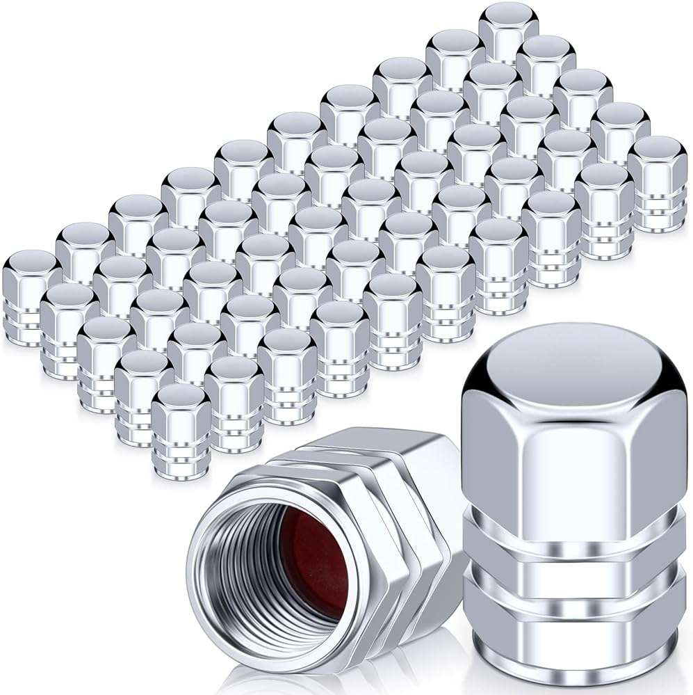 Tallew 50 Pcs Tire Valve Stem Caps Metal Valve Caps Aluminum Hexagon Tires Universal Heavy-Duty Leak Proof Alloy Stem Cover for Car SUV Truck Bicycle Motorcycles Bikes Wheel(Silver) - Image 1
