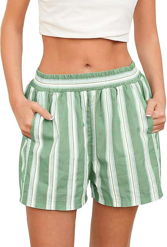 MISSACTIVER Women Striped Boxer Shorts Elastic High Rise Pajama Bottoms Casual Lounge Shorts with Pockets Sleepwear - Image 1