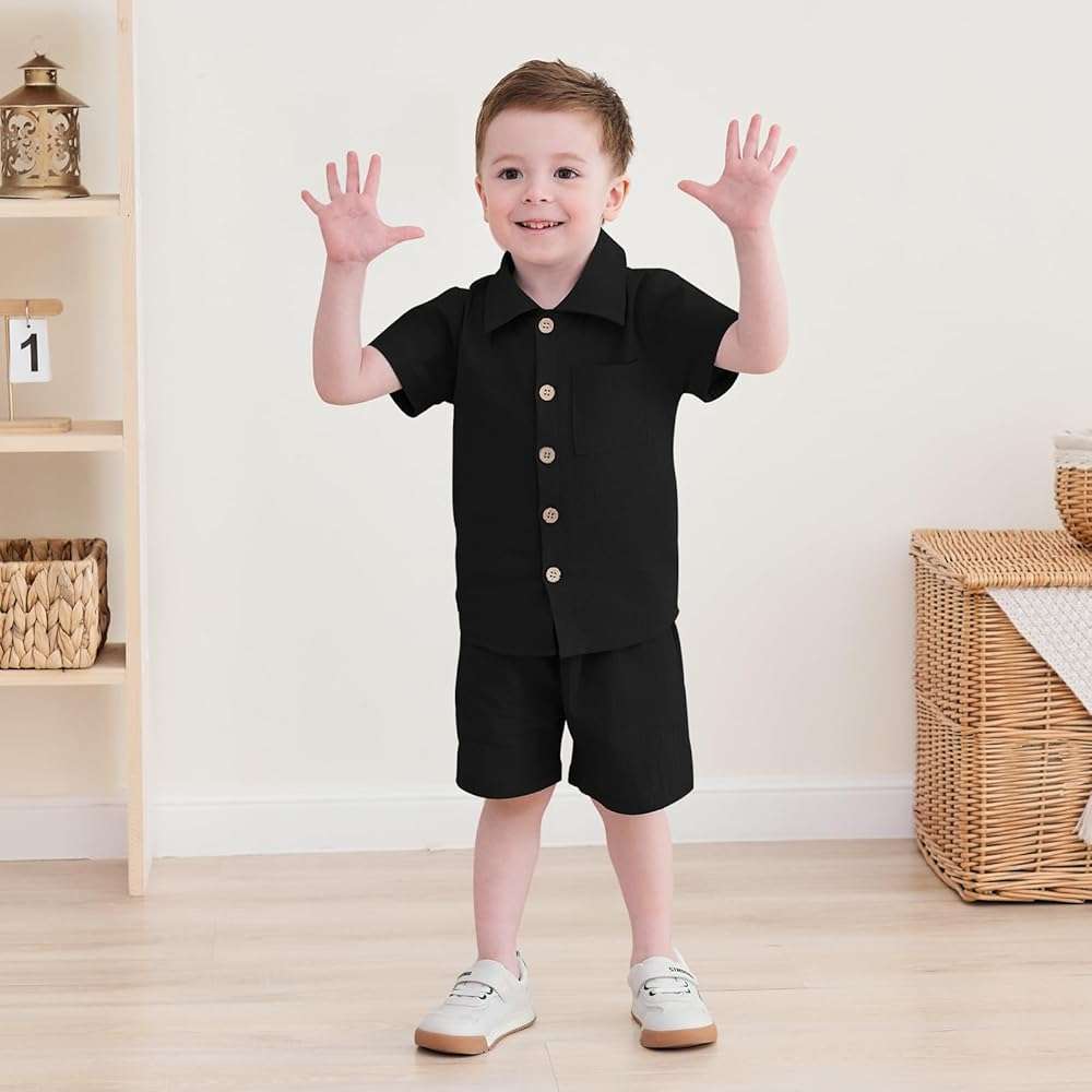 Neutocd Toddler Baby Boy Summer Clothes Cotton Linen Short Sleeve Solid Button Down Shirt Shorts Set Outfits with Pockets - Image 3