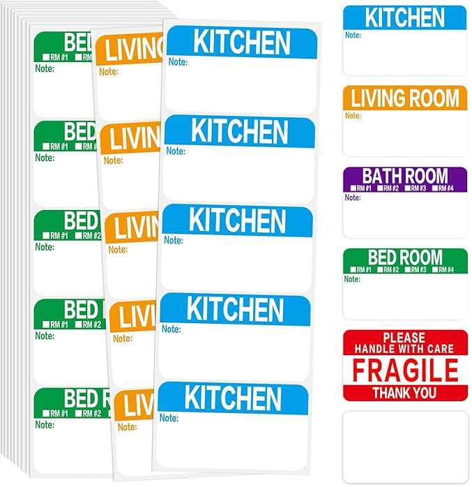 300 Count 3.5 x 2 Large Home Moving Packing Box Labels for 3-4 Bedroom House with Writable Notes Areas, 6 Color Coded Moving Labels for Boxes + Fragile Moving Stickers - Image 1