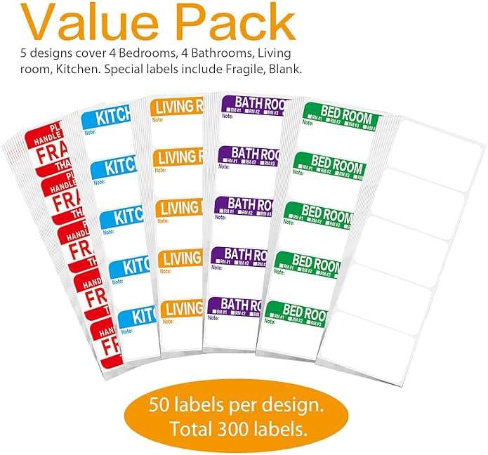 300 Count 3.5 x 2 Large Home Moving Packing Box Labels for 3-4 Bedroom House with Writable Notes Areas, 6 Color Coded Moving Labels for Boxes + Fragile Moving Stickers - Image 2