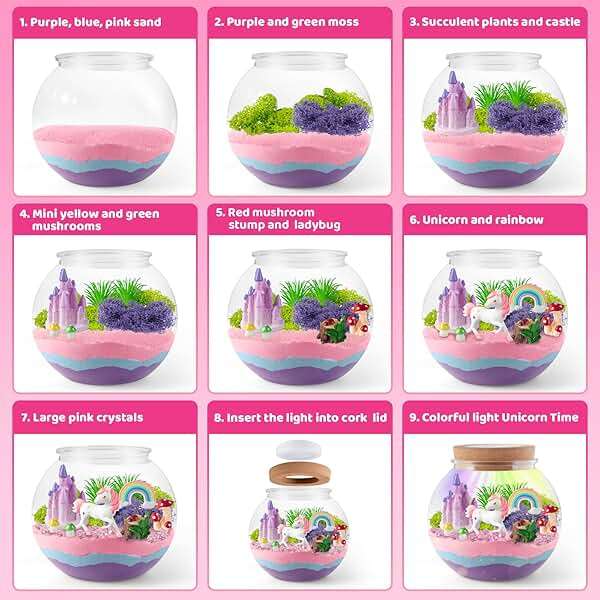 JOYEEMAX Unicorn Light-Up Terrarium Kit for Kids - LED Night Light Birthday Gift for Girls Ages 4 5 6 7 8-12 Year Old - Unicorn Toys for Girls - DIY Arts and Crafts Kit for Kids - Image 4