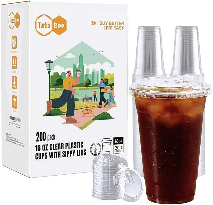 Turbo Bee 16 OZ 200 Sets Clear Plastic Cups with Strawless Sip Lids, To Go Crystal Clear Disposable Plastic Cups with Lids for Iced Coffee, Smoothies, Soda, Lemonade, Cold Beverage - Image 1